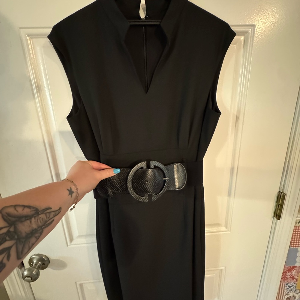 ANTONIO MELANI Black Sleeveless Sheath Dress with Mandarin Collar